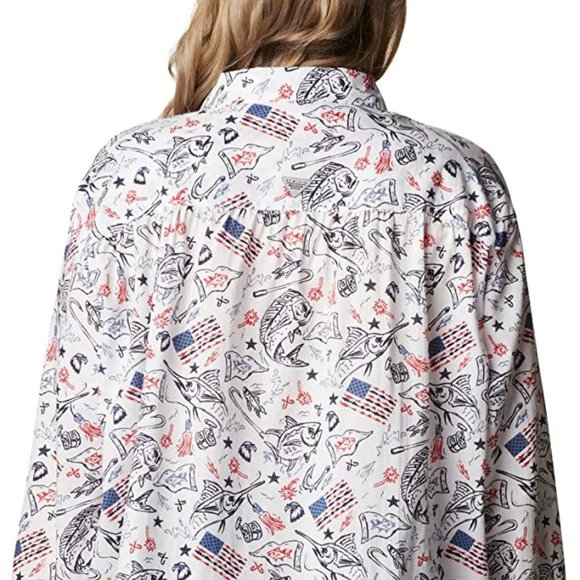 🆕Columbia Women's Slack Water Woven LS Shirt, White Americana Fishing Print,NWT - Picture 7 of 7